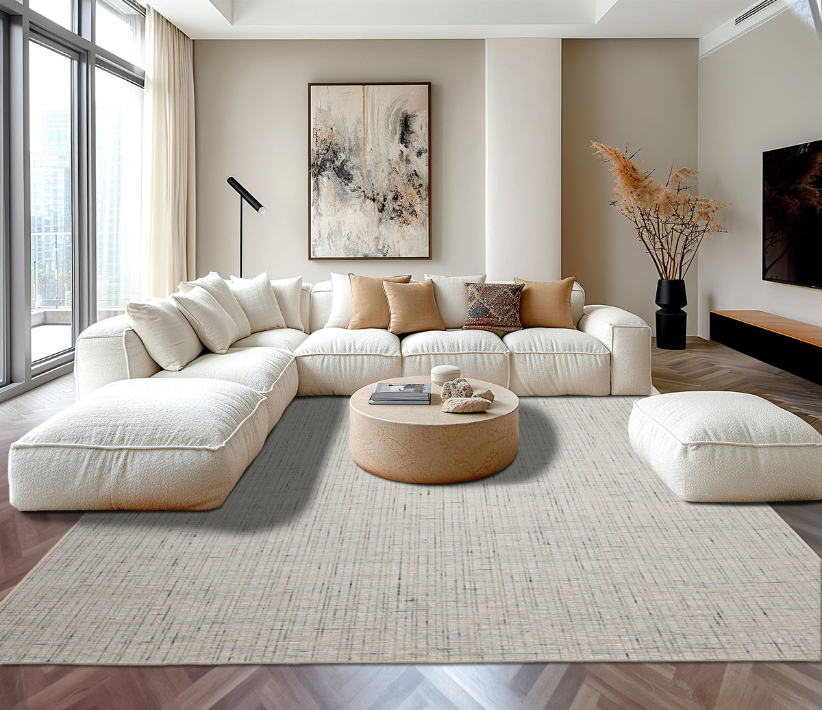 Multi Size Ivory  Gray Beige Color Hand Loomed Flatweave Wool and Polyster Modern Oriental Rug