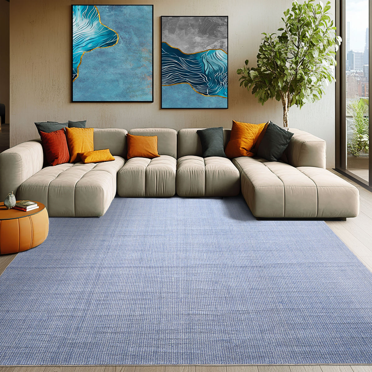 Multi Size Tone on Tone Blue Color Hand Loomed Berber Wool Contemporary Oriental Rug