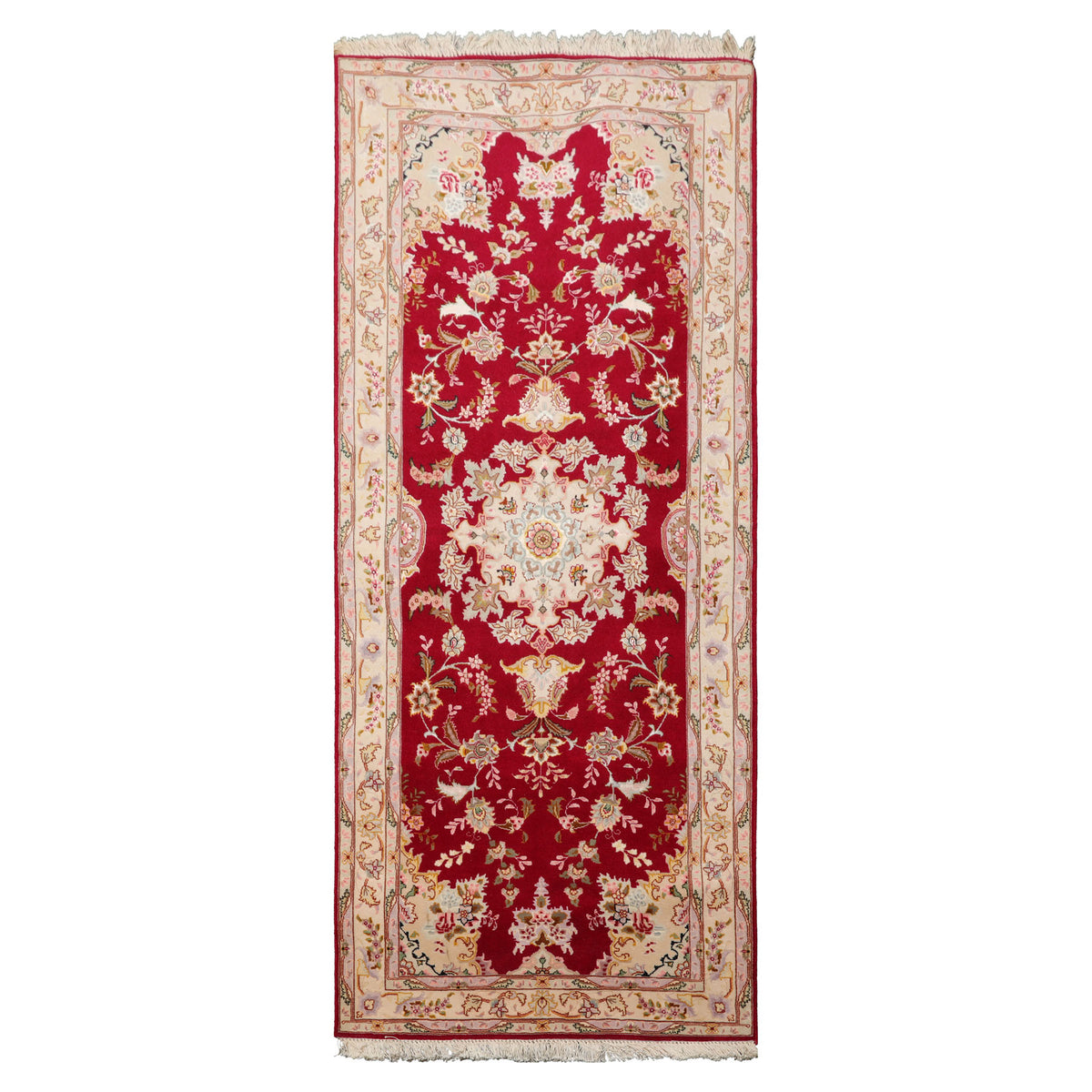 Runner Red, Ivory, Rose Color Hand Knotted Tabriz Wool & Silk Traditional Oriental Rug