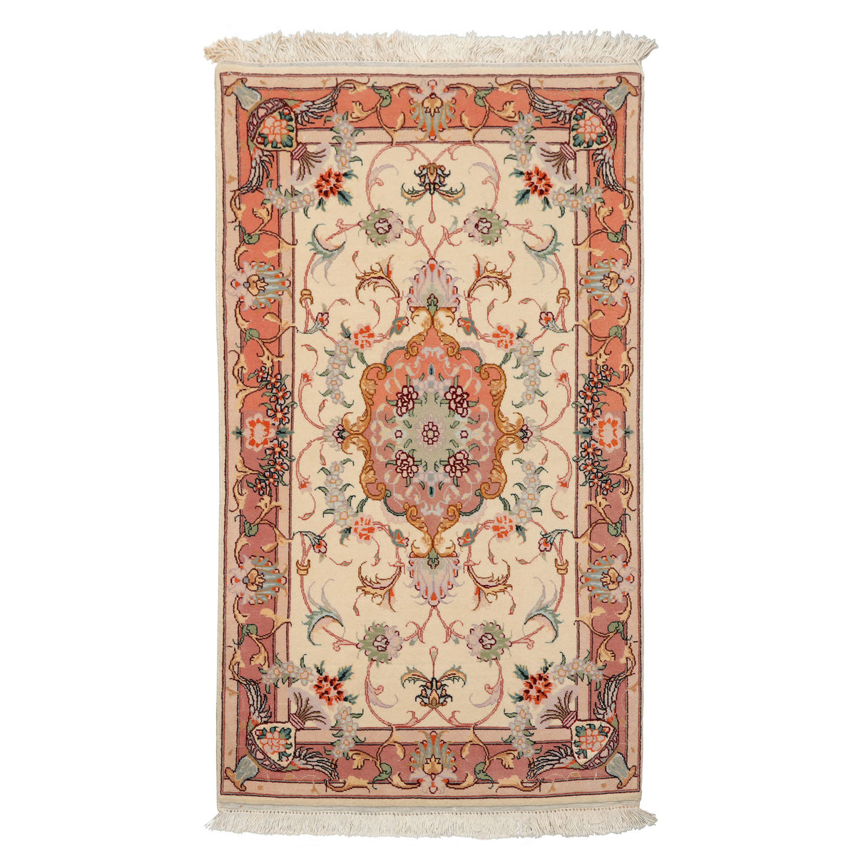 2x4 Ivory, Peach, Gold Color Hand Knotted Tabriz Wool & Silk Traditional Oriental Rug