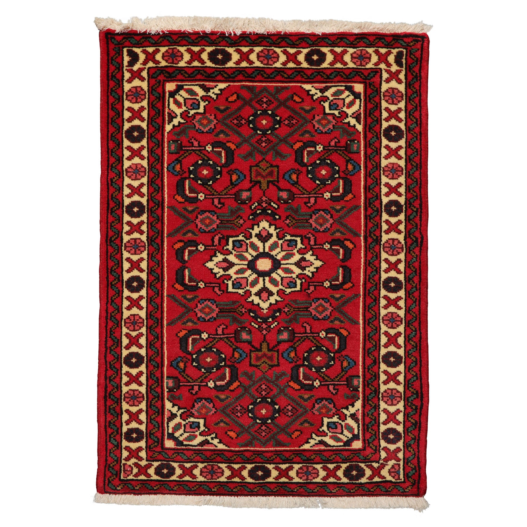 2x3 Rust, Ivory, Blue Color Hand Knotted Abadeh Wool Traditional Oriental Rug