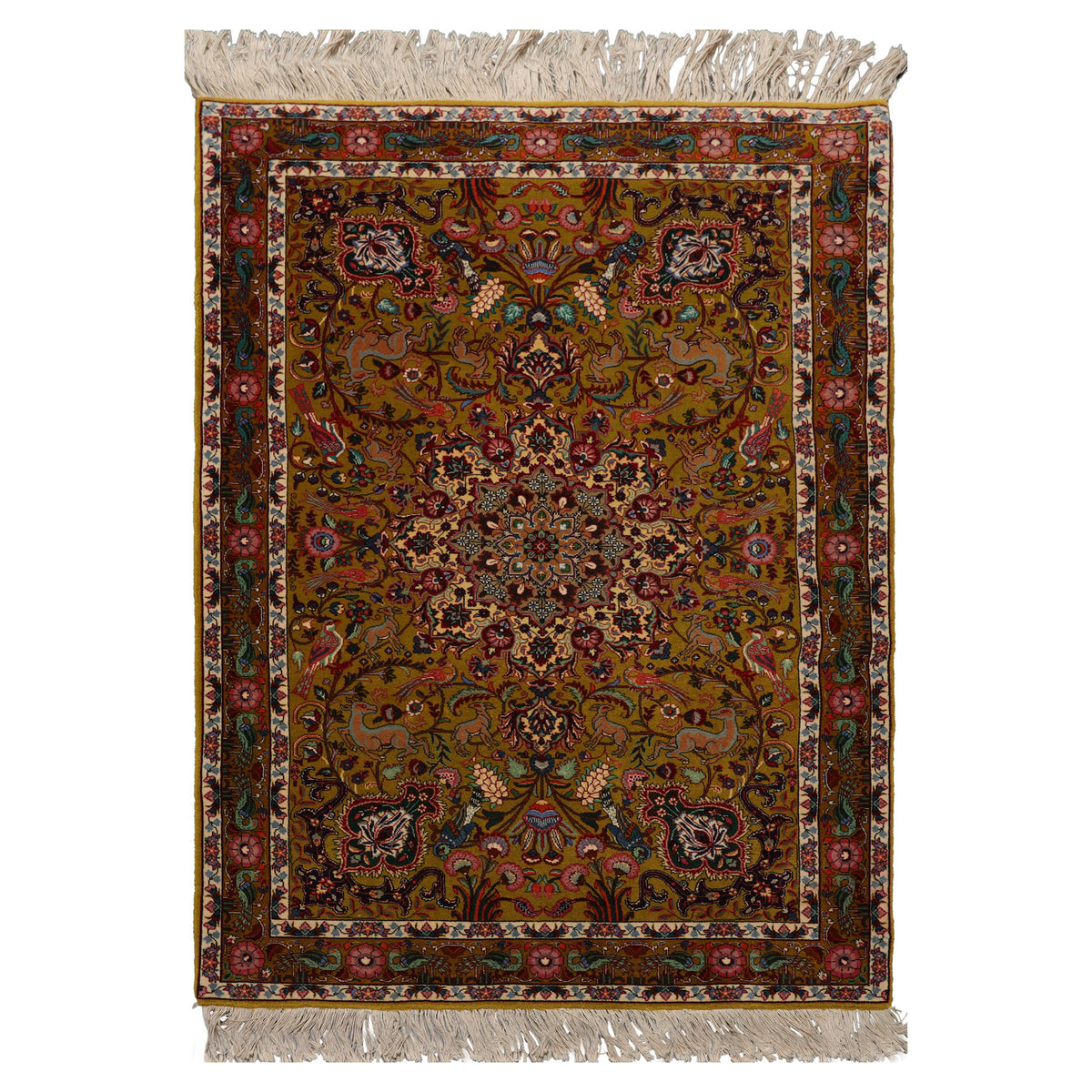 3x5 Mustard, Ivory, Green Color Hand Knotted Tabriz Wool & Silk Traditional Oriental Rug