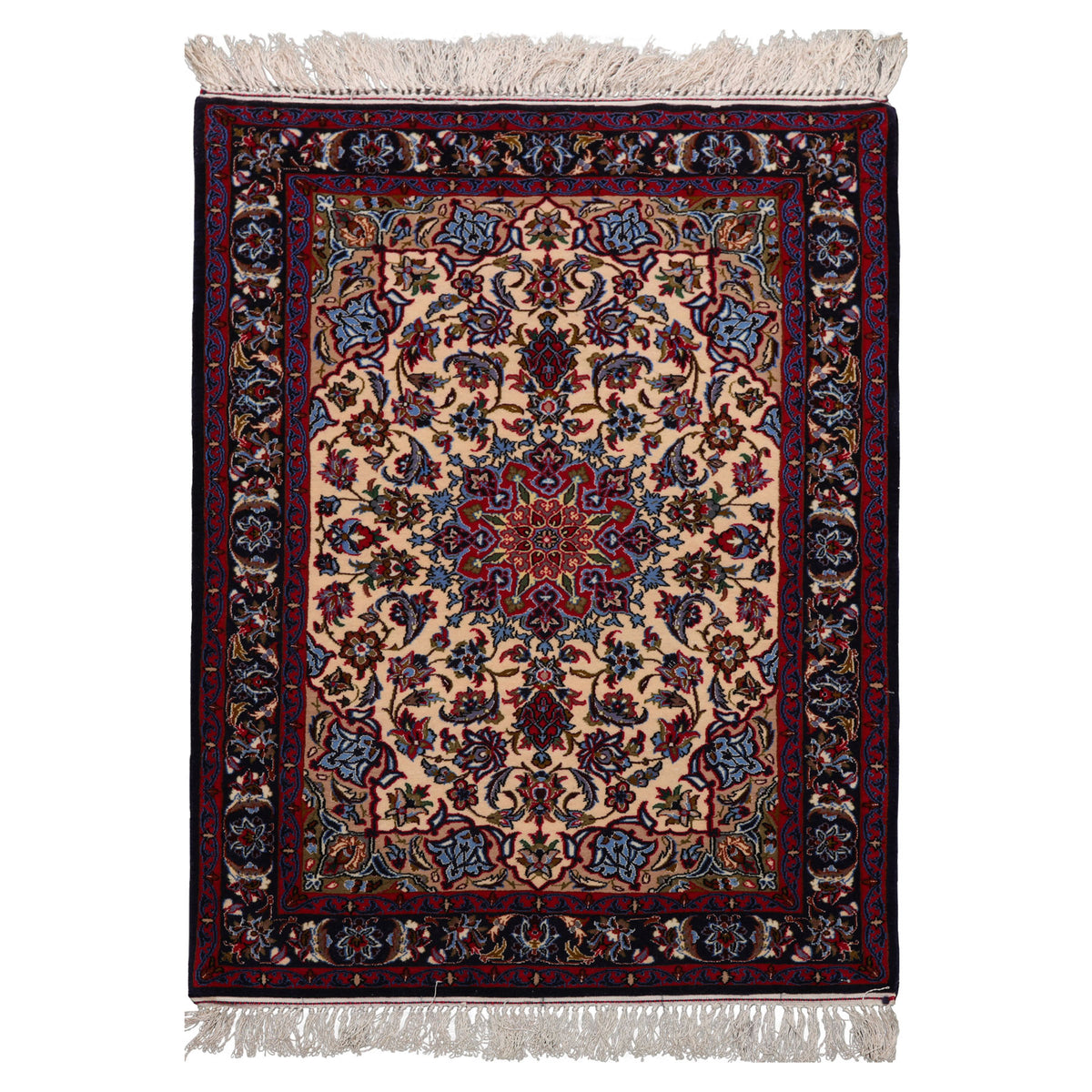 2x3 Beige, Navy, Red Color Hand Knotted Isfahan Wool & Silk Traditional Oriental Rug