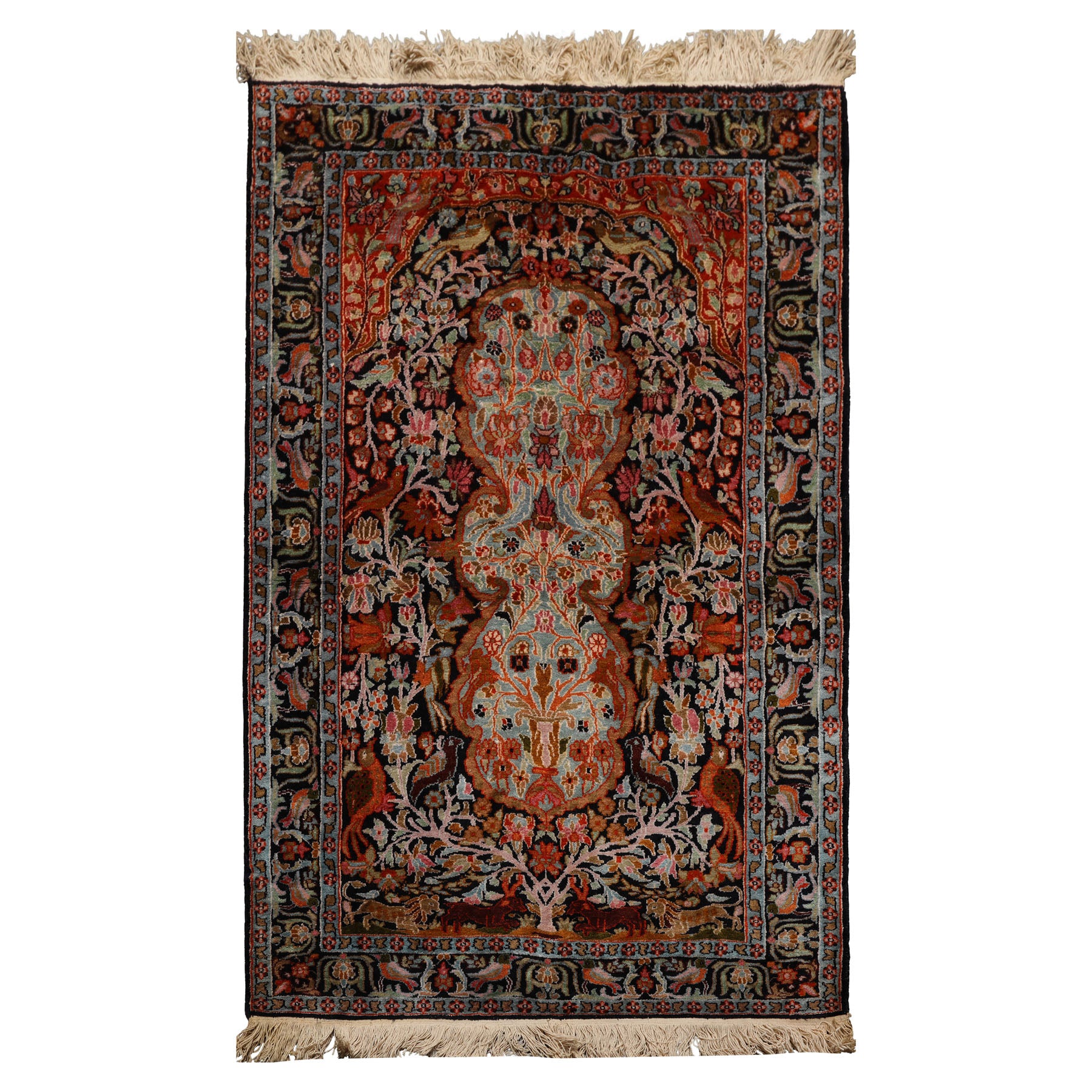 3x5 Black, Orange, Cream Color Hand Knotted Qum All Silk Silk Traditional Oriental Rug