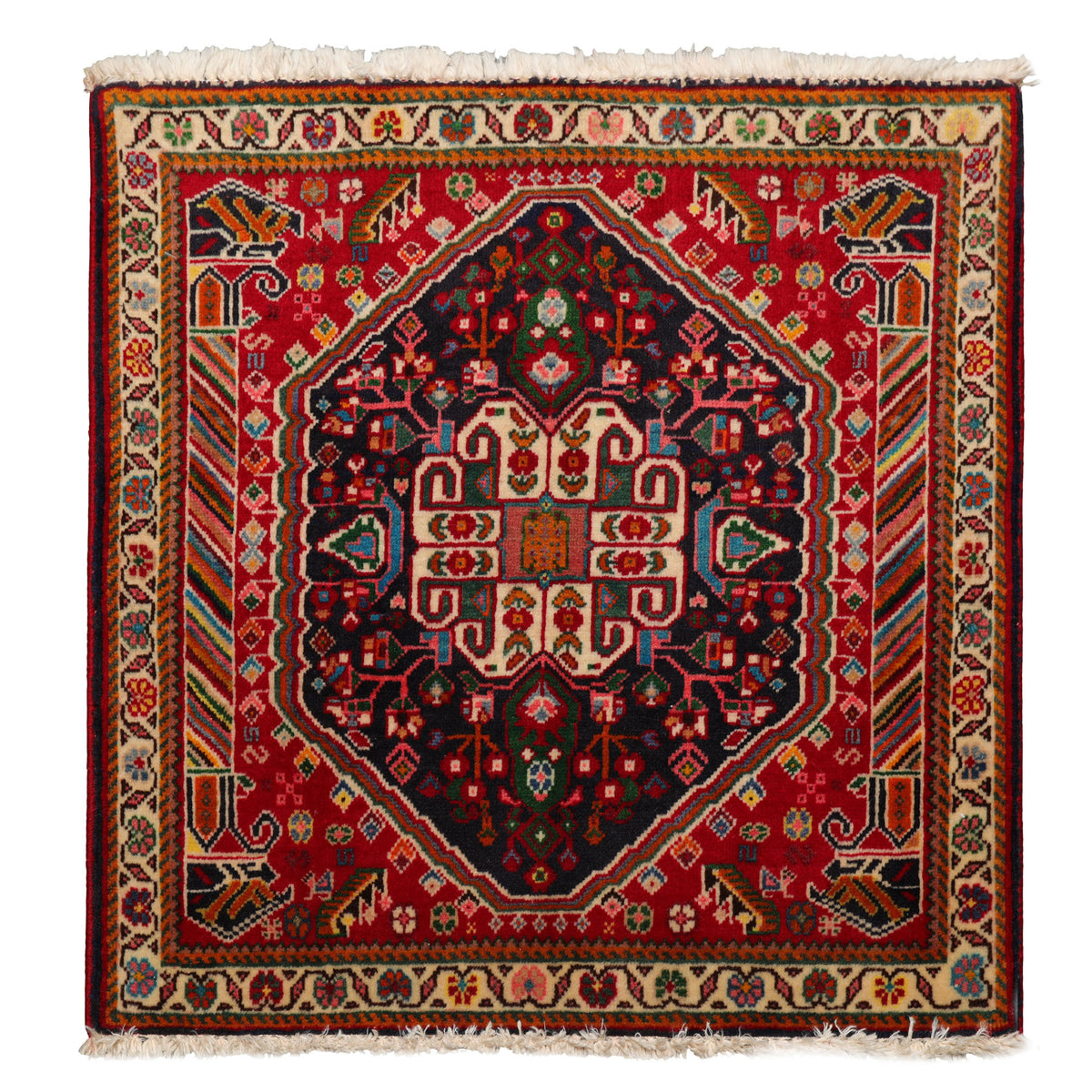 Square Navy, Red, Green Color Hand Knotted Abadeh Wool Traditional Oriental Rug
