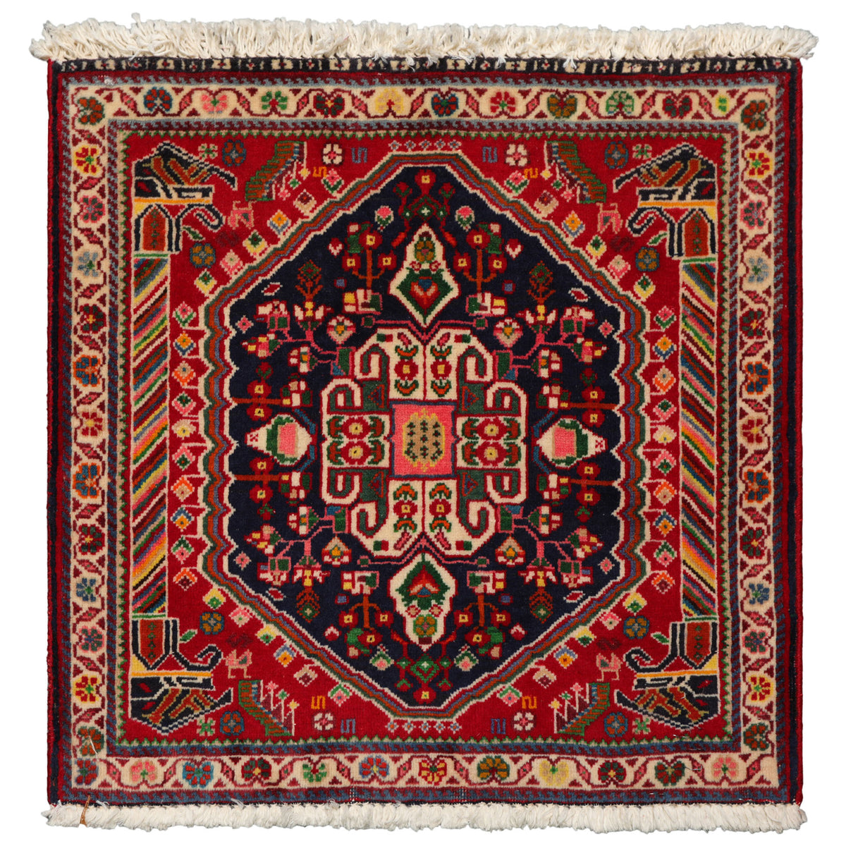 Square Navy, Red, Green Color Hand Knotted Abadeh Wool Traditional Oriental Rug