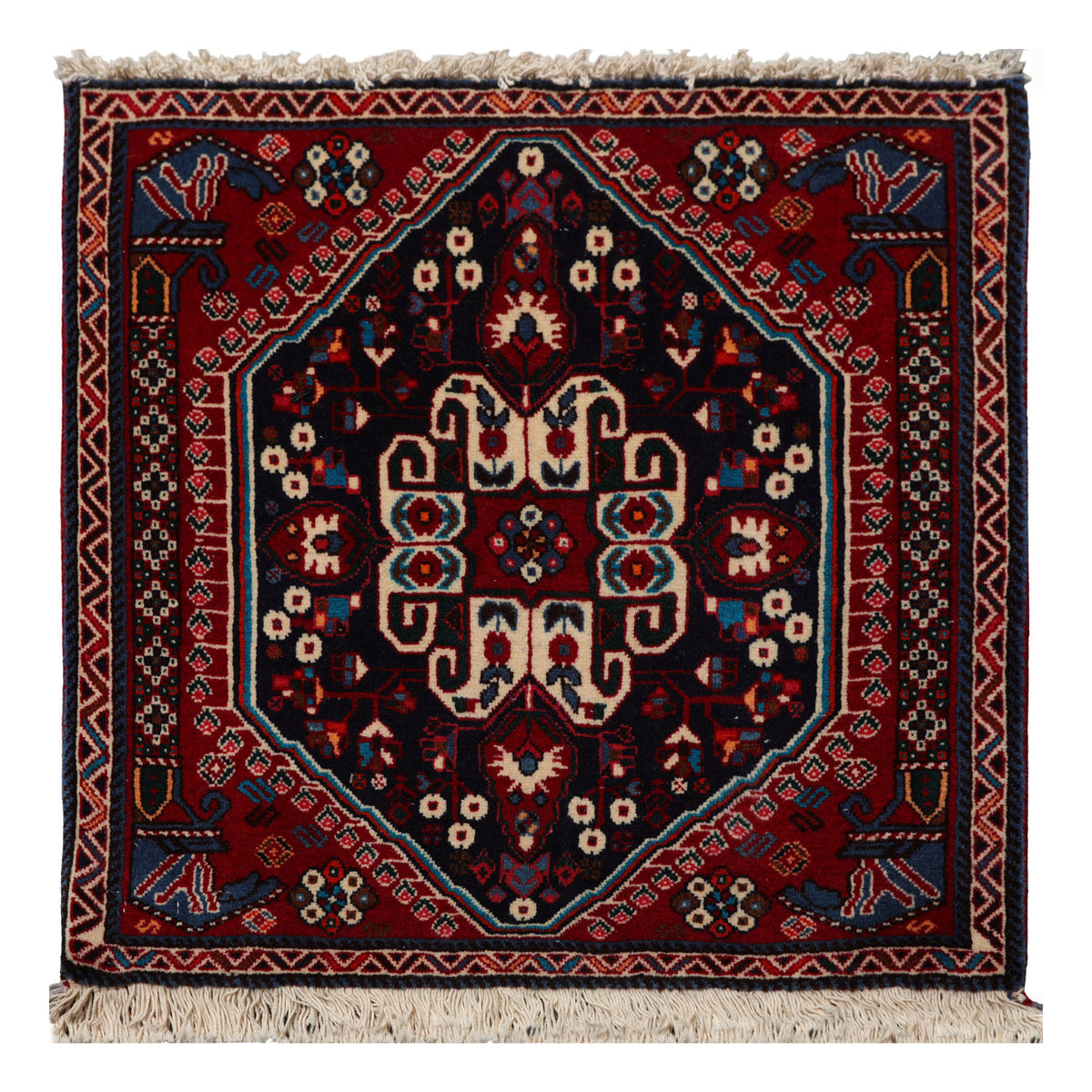 Square Navy, Red, Ivory Color Hand Knotted Abadeh Wool Traditional Oriental Rug