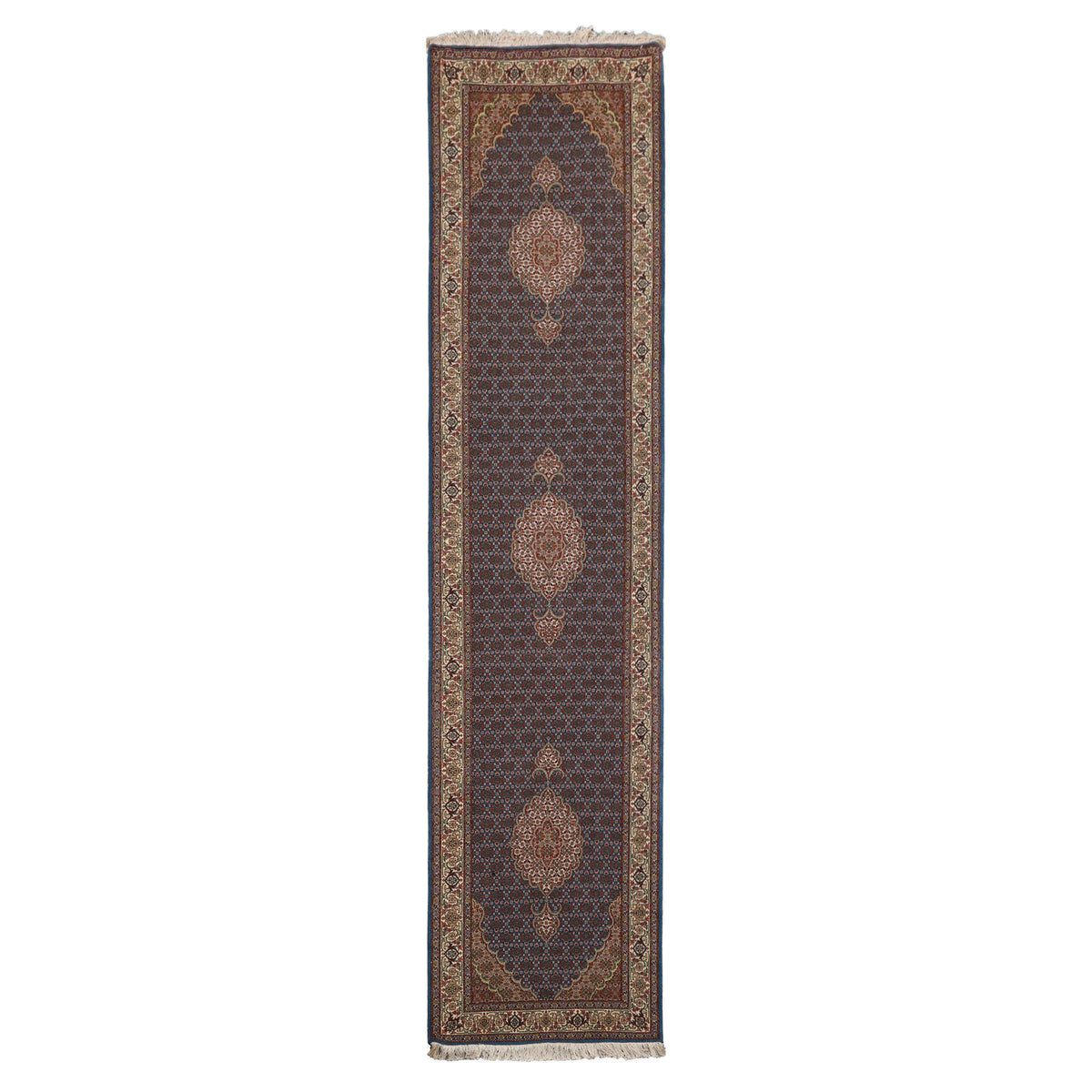 Runner Blue, Ivory, Brown Color Hand Knotted Tabriz Wool & Silk Traditional Oriental Rug