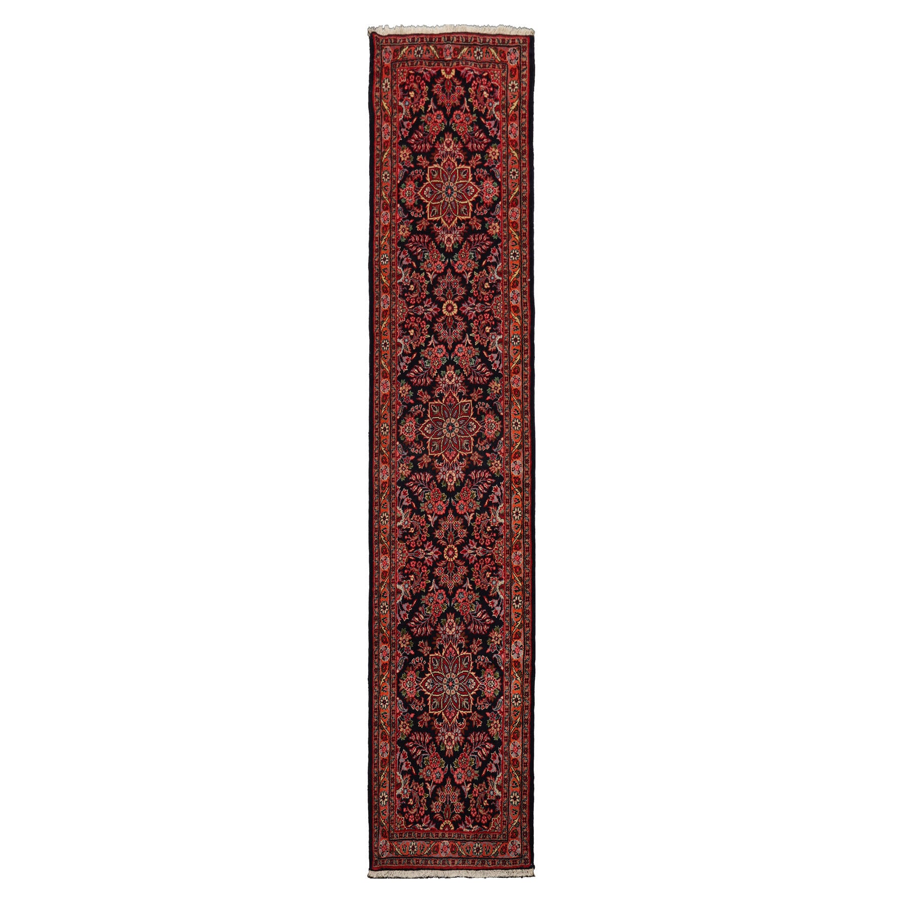 Runner Navy, Orange, Ivory Color Hand Knotted Hamedan Wool Traditional Oriental Rug