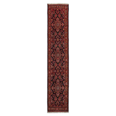 Runner Navy, Orange, Ivory Color Hand Knotted Hamedan Wool Traditional Oriental Rug