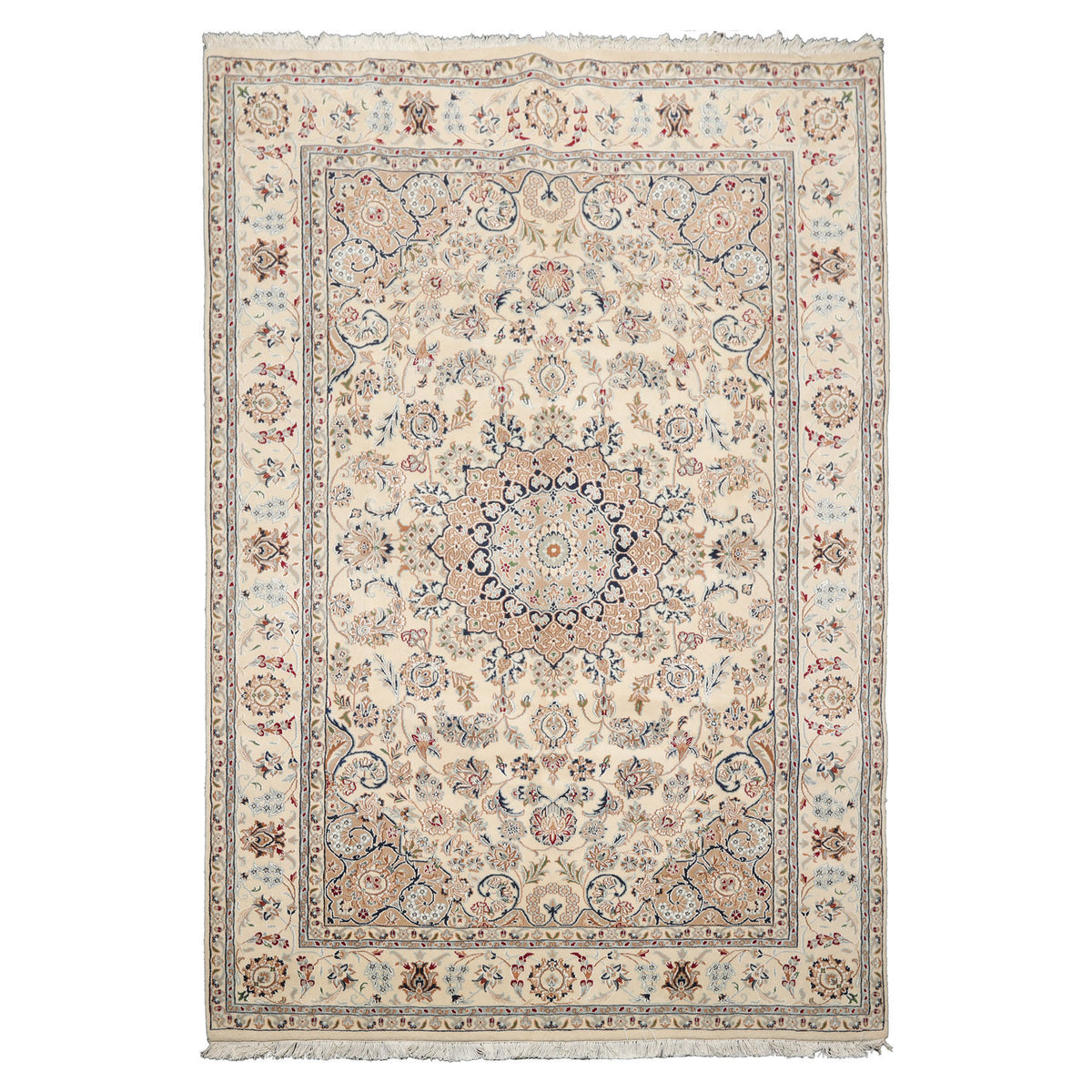 6x9 Ivory, Tan, Navy Color Hand Knotted Nain Wool & Silk Traditional Oriental Rug