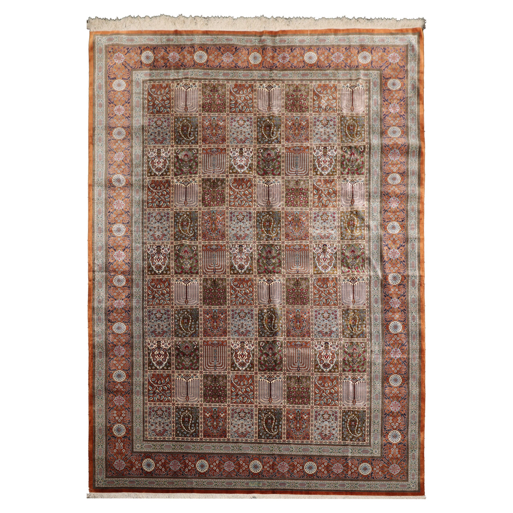 7x10 Caramel, Ivory, Green Color Hand Knotted Qum All Silk Silk Traditional Oriental Rug