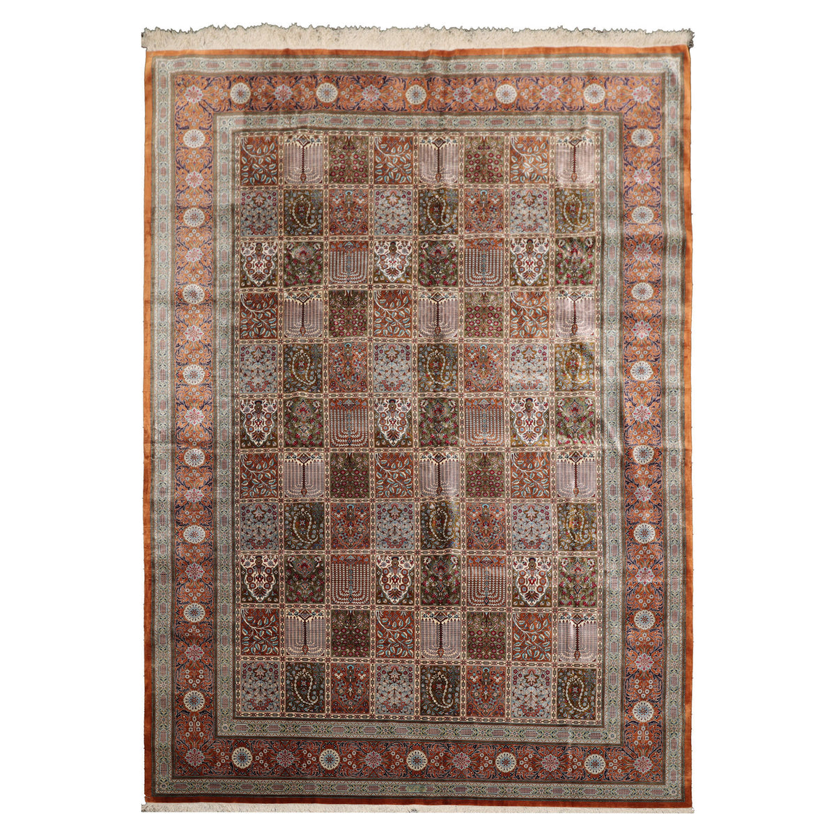 7x10 Caramel, Ivory, Green Color Hand Knotted Qum All Silk Silk Traditional Oriental Rug