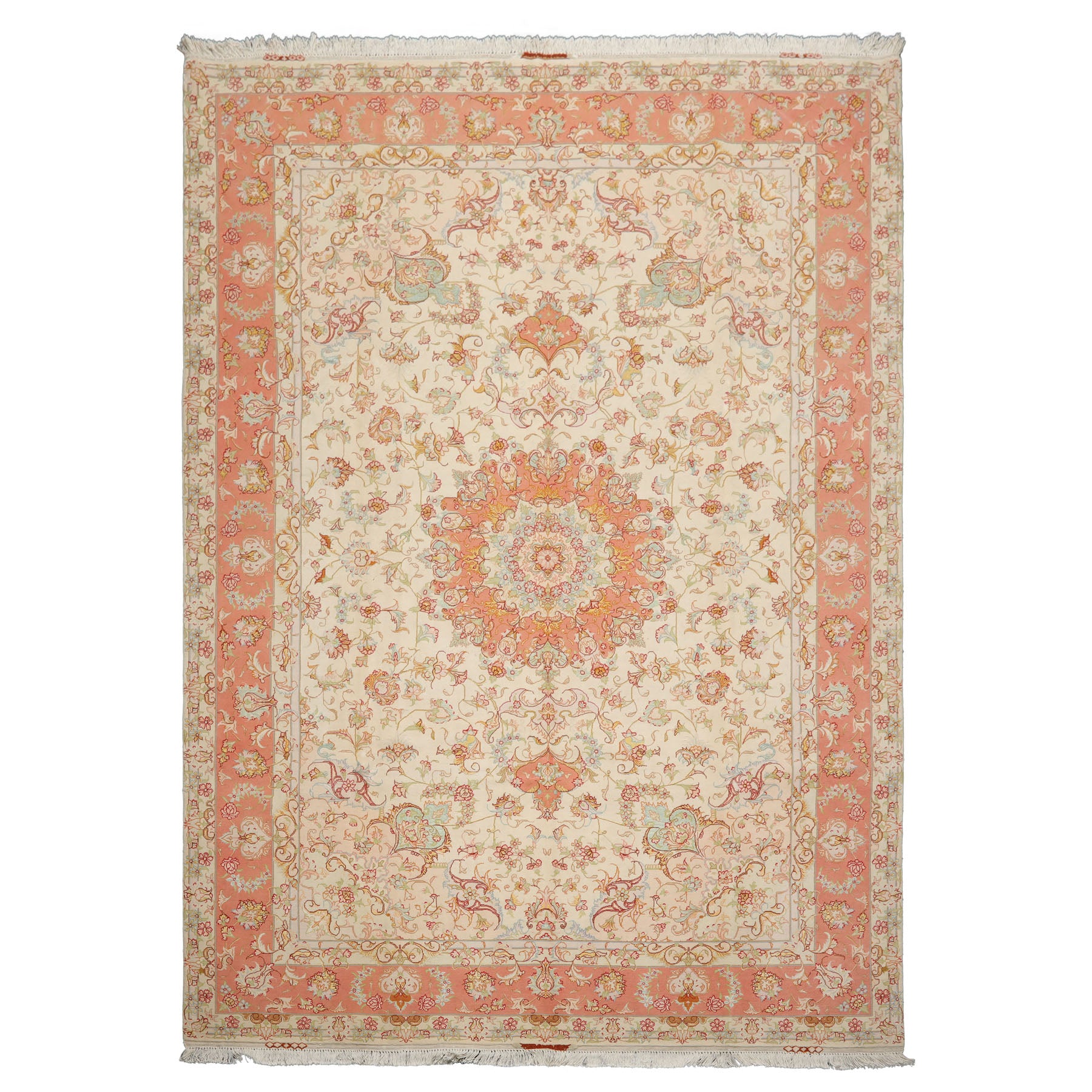 6x10 Ivory, Rose, Lime Color Hand Knotted Tabriz Wool & Silk Traditional Oriental Rug