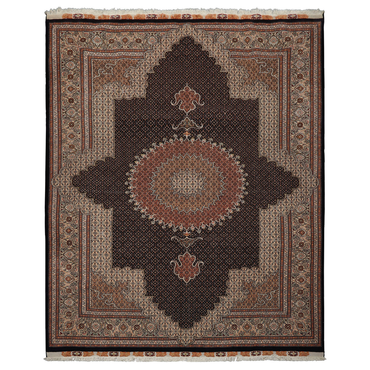 8x11 Midnight Blue, Ivory, Rose Color Hand Knotted Tabriz Wool Traditional Oriental Rug