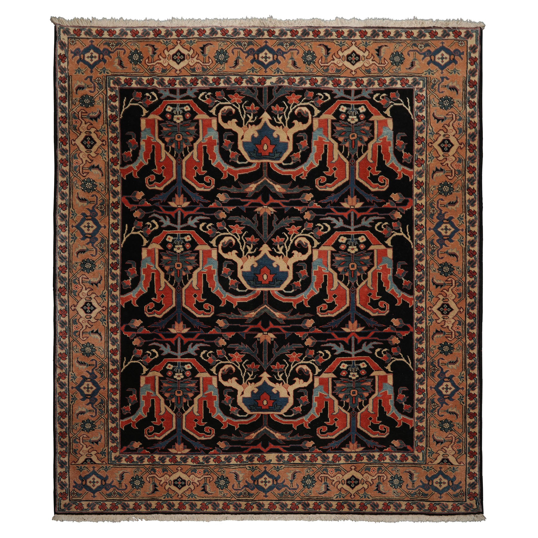 8x9 Charcoal, Coral, Peach Color Hand Knotted Heriz Wool Traditional Oriental Rug