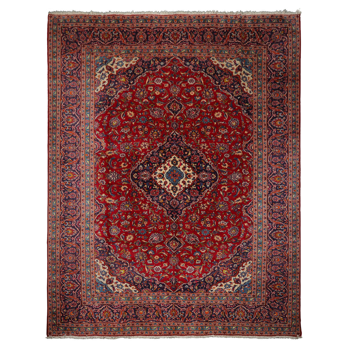 10x13 Red, Navy, Ivory Color Hand Knotted Heriz Wool Traditional Oriental Rug