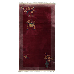 3x5 Plum, Taupe, Beige Color Hand Knotted Antique Chinese Art Deco Wool Pictorial Oriental Rug