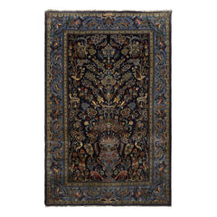 4x7 Navy, Ivory, blue Color Hand Knotted Kashan Wool Traditional Oriental Rug