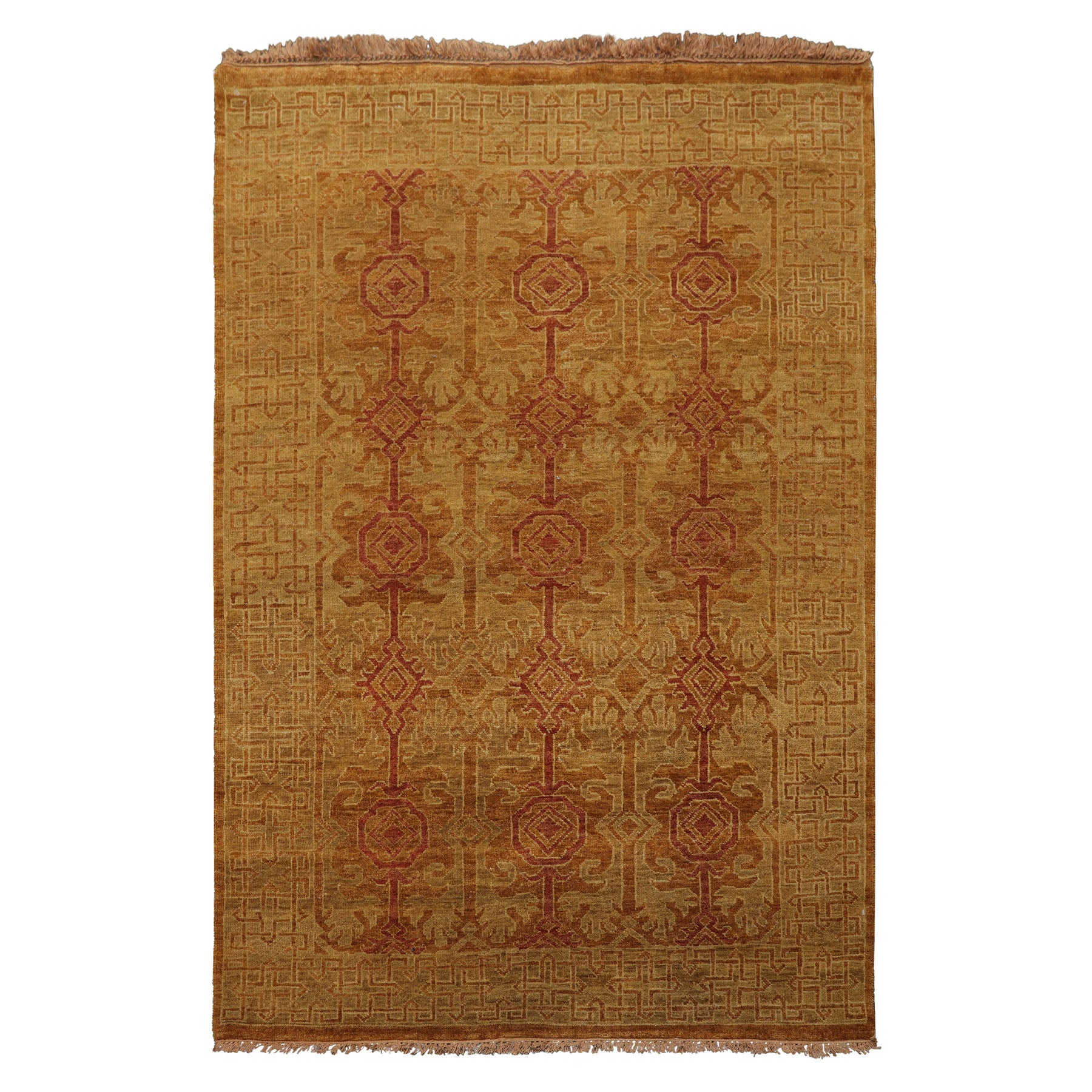 4x6 Gold, Rust, Green Color Hand Knotted Tibetan Wool Transitional Oriental Rug