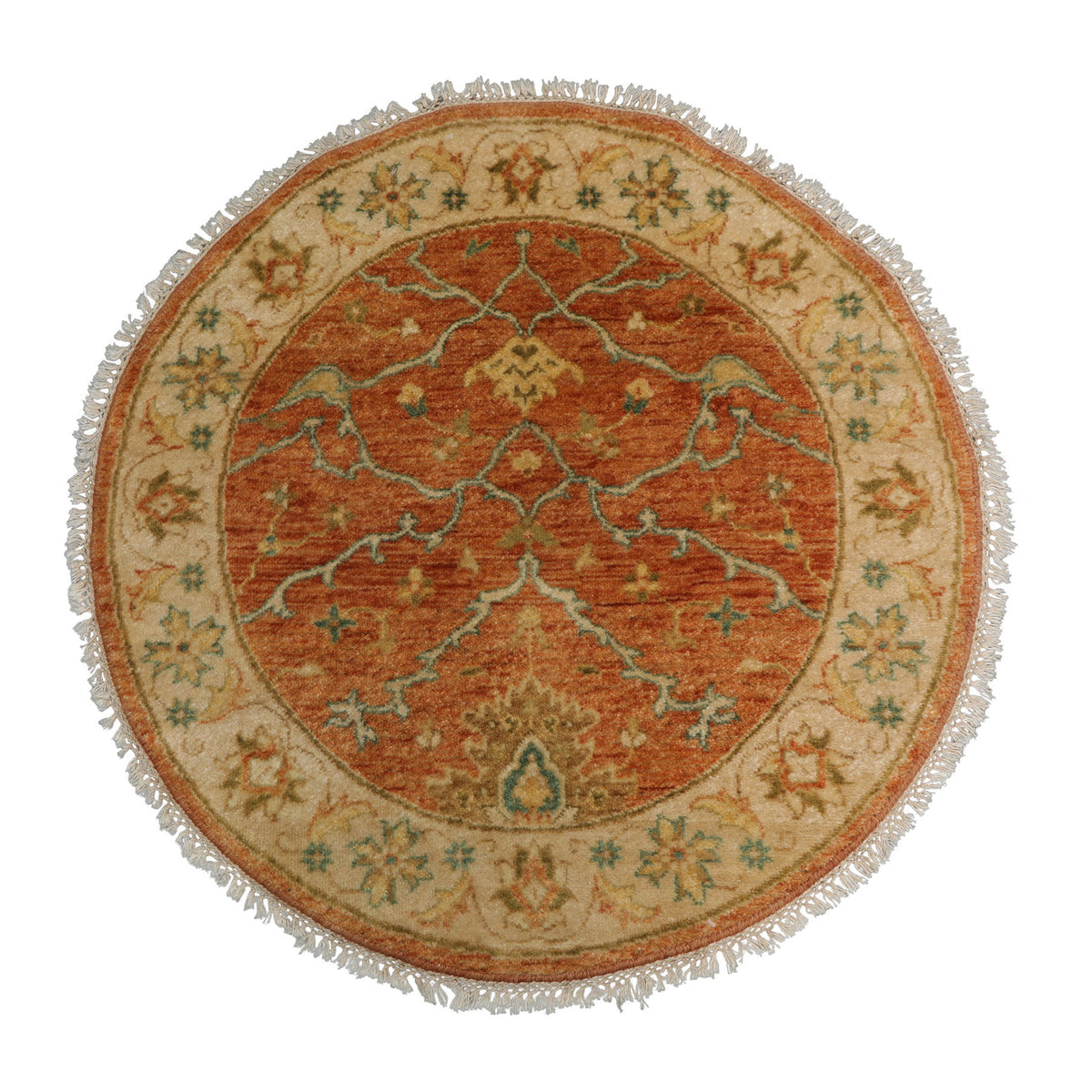 Round Burnt Orange, Beige, Turquoise Color Hand Knotted Agra New Zealand Wool Traditional Oriental Rug