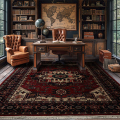 8x10 Rust, Ivory, Navy Color Hand Knotted Heriz Wool Traditional Oriental Rug