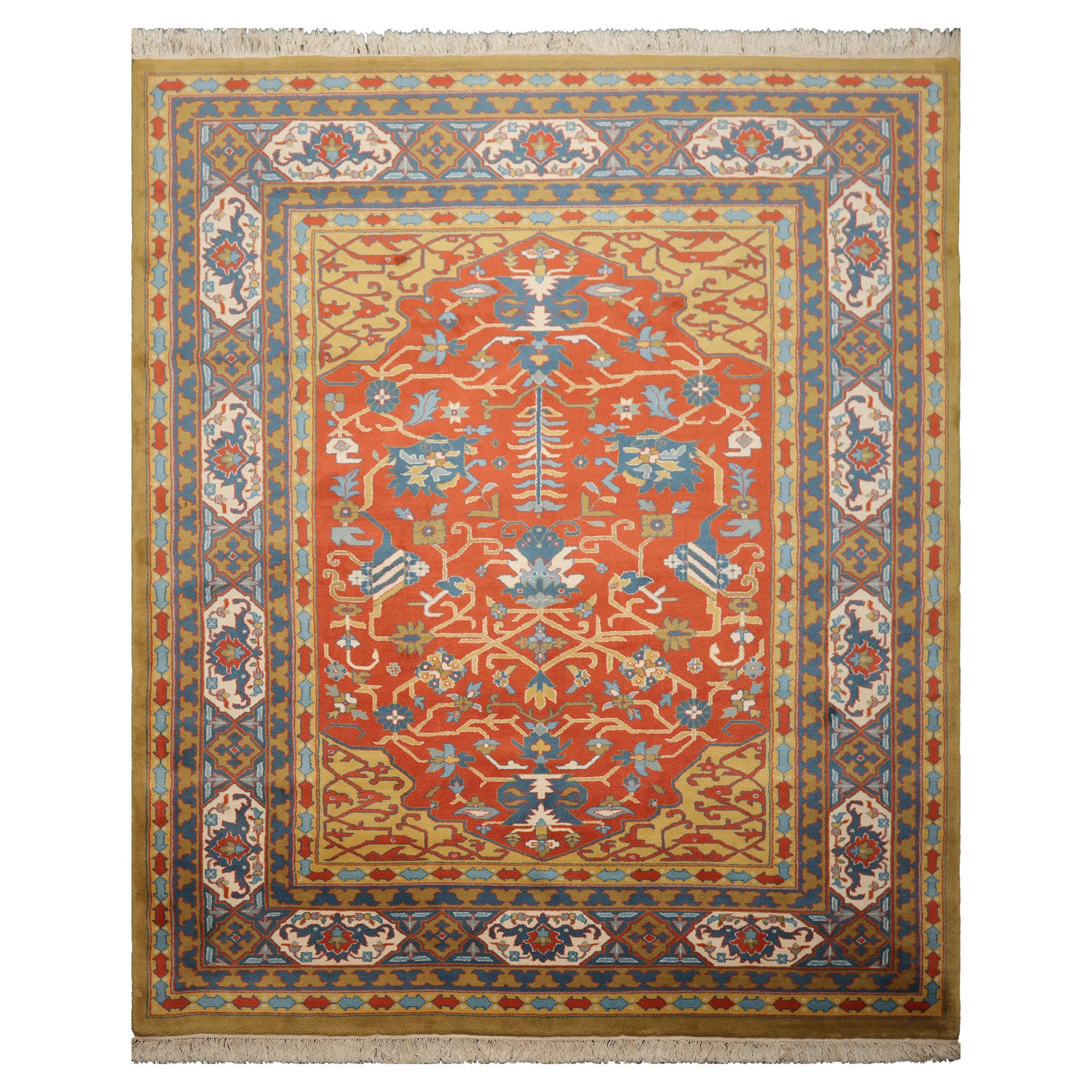 8x10 Orange, Gold, Ivory Color Hand Knotted Heriz Wool Traditional Oriental Rug