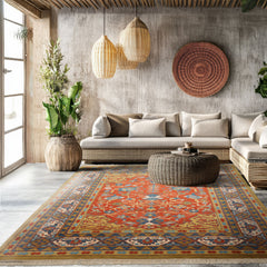 Orange 7'11''x9'11" Heriz Traditional All-Over Hand Knotted Wool Oriental Area Rug