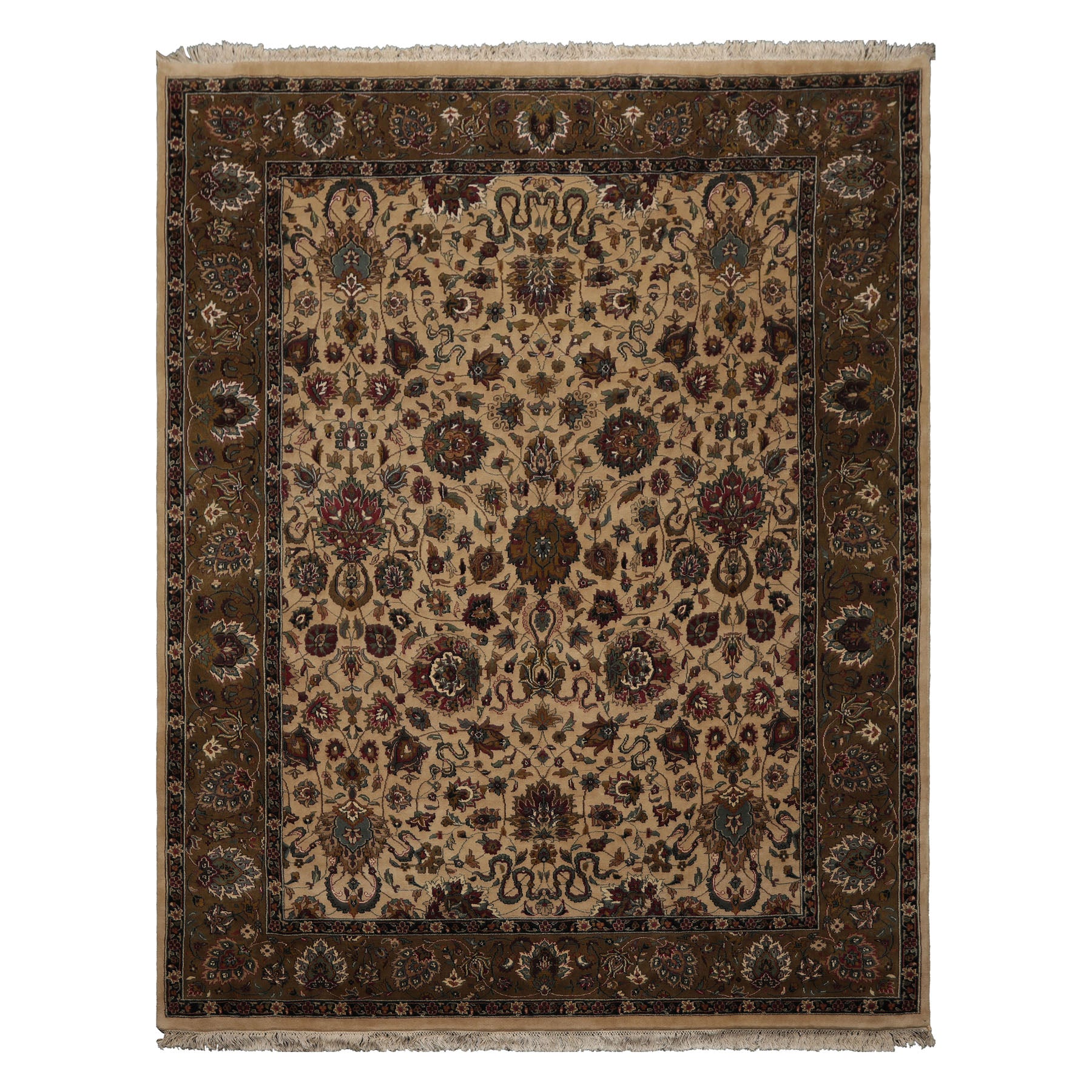 8x10 Ivory, Olive, Green Color Hand Knotted Kashan Wool Traditional Oriental Rug