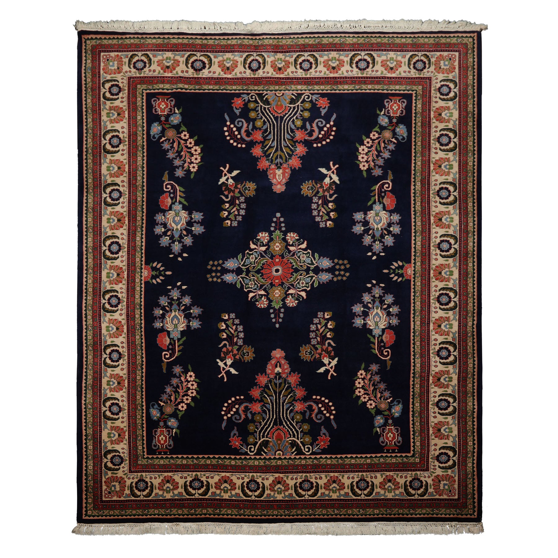 8x10 Navy, Ivory, Green Color Hand Knotted Sarouk New Zealand Wool Traditional Oriental Rug