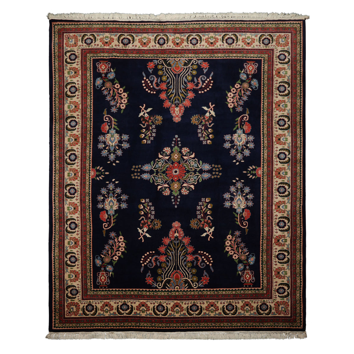 8x10 Navy, Ivory, Green Color Hand Knotted Sarouk New Zealand Wool Traditional Oriental Rug