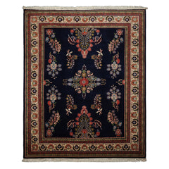 8x10 Navy, Ivory, Green Color Hand Knotted Sarouk New Zealand Wool Traditional Oriental Rug