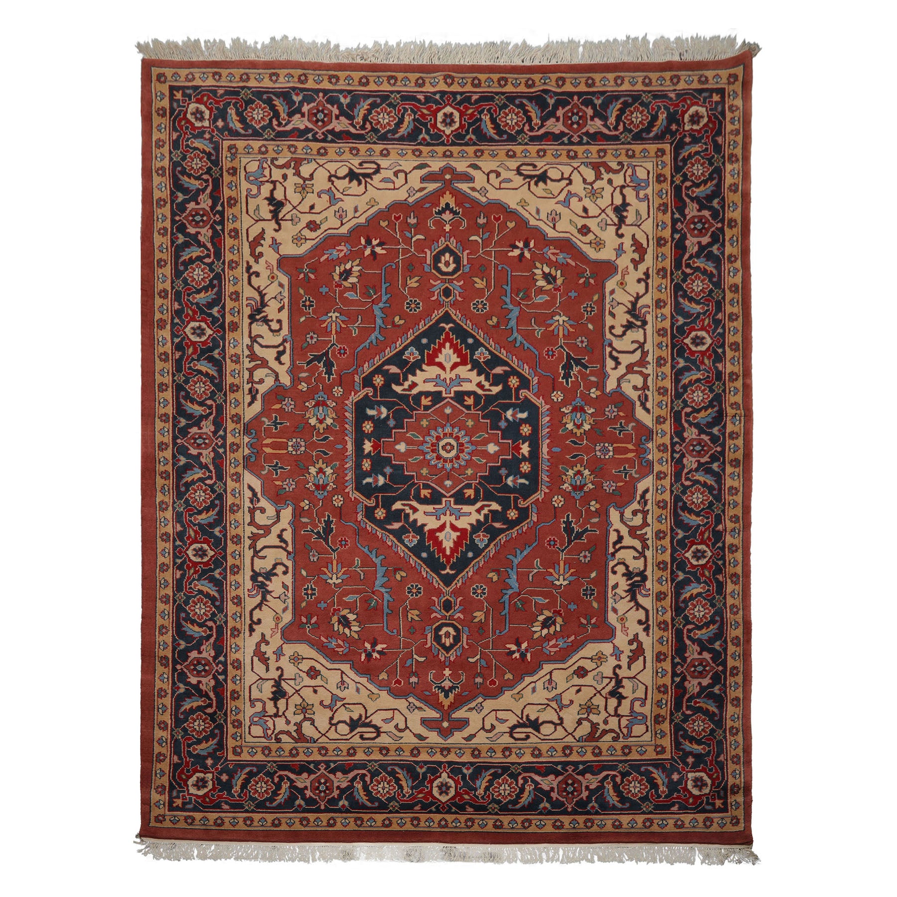 9x12 Salmon, Navy, Tan Color Hand Knotted Heriz Wool Traditional Oriental Rug