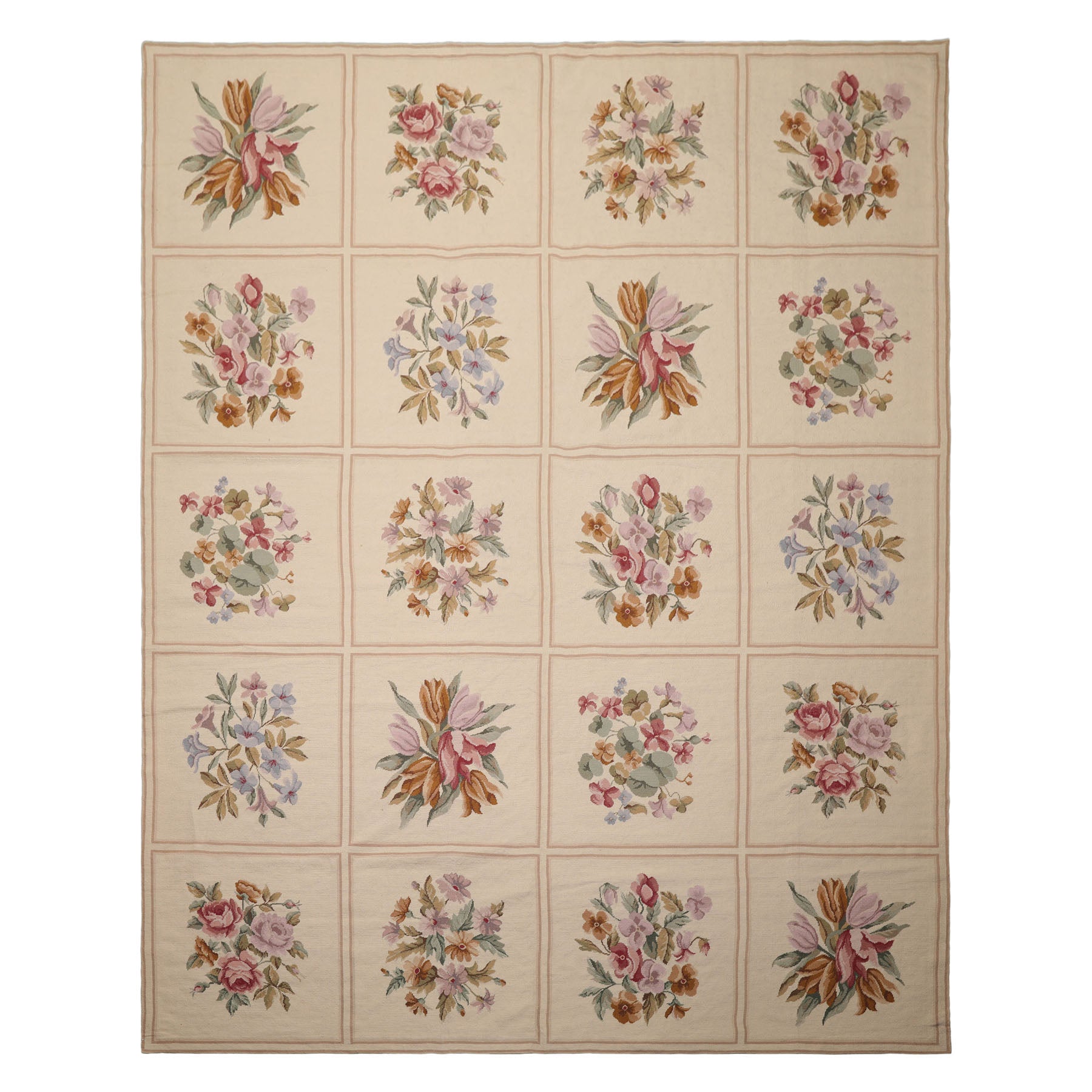 8x10 Ivory, Tan, Green Color Hand Woven French Aubusson Needlepoint  Wool Traditional Oriental Rug
