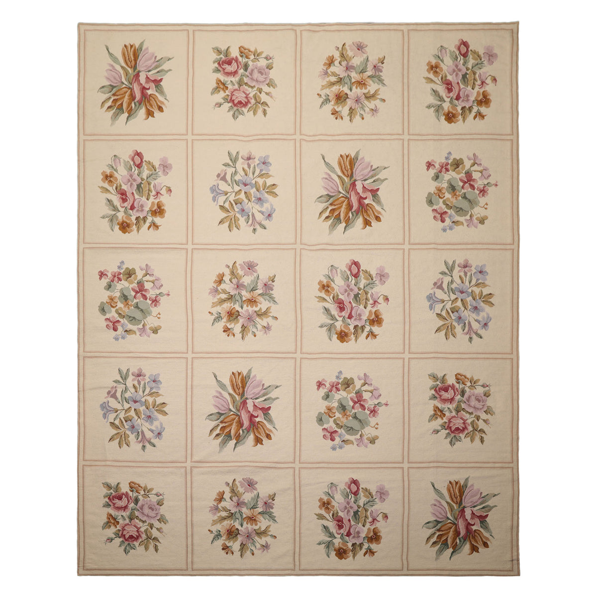 8x10 Ivory, Tan, Green Color Hand Woven French Aubusson Needlepoint  Wool Traditional Oriental Rug