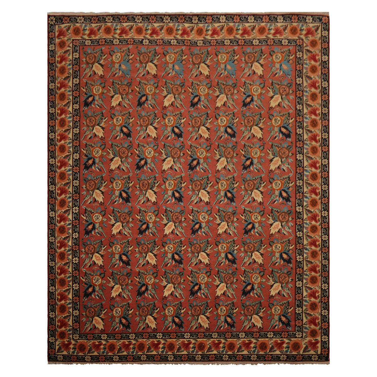 8x10 Rose, Ivory, Blue Color Hand Knotted Karabagh Causcasian  Wool Traditional  Oriental Rug