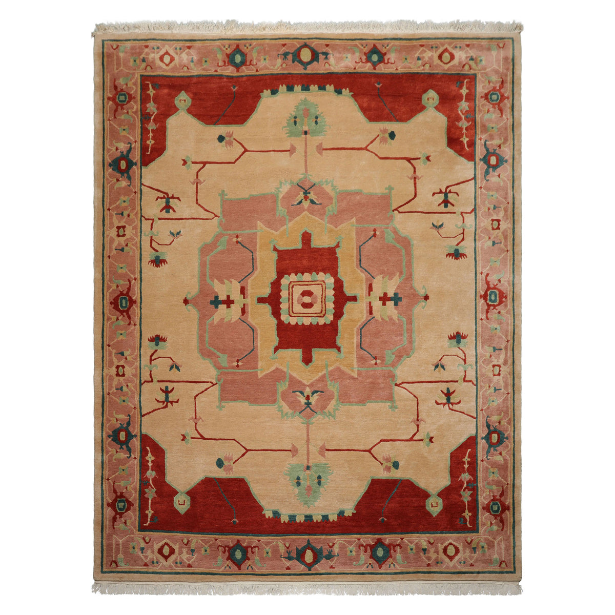 9x12 Ivory, Rose, Burnt Orange Color Hand Knotted Tibetan Wool Arts & Crafts  Oriental Rug