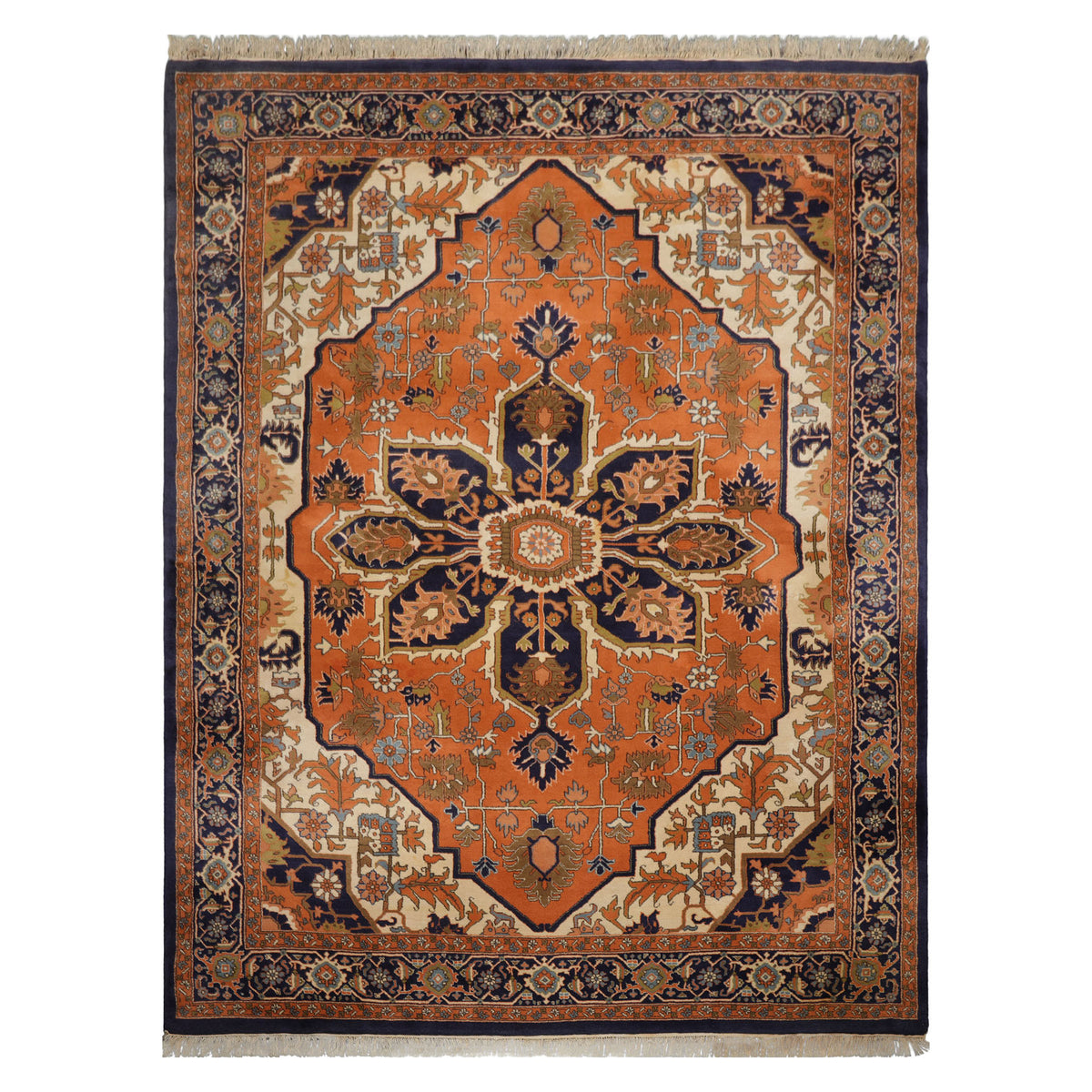 9x12 Muted Orange, Ivory, Navy Color Hand Knotted Heriz Wool Traditional  Oriental Rug