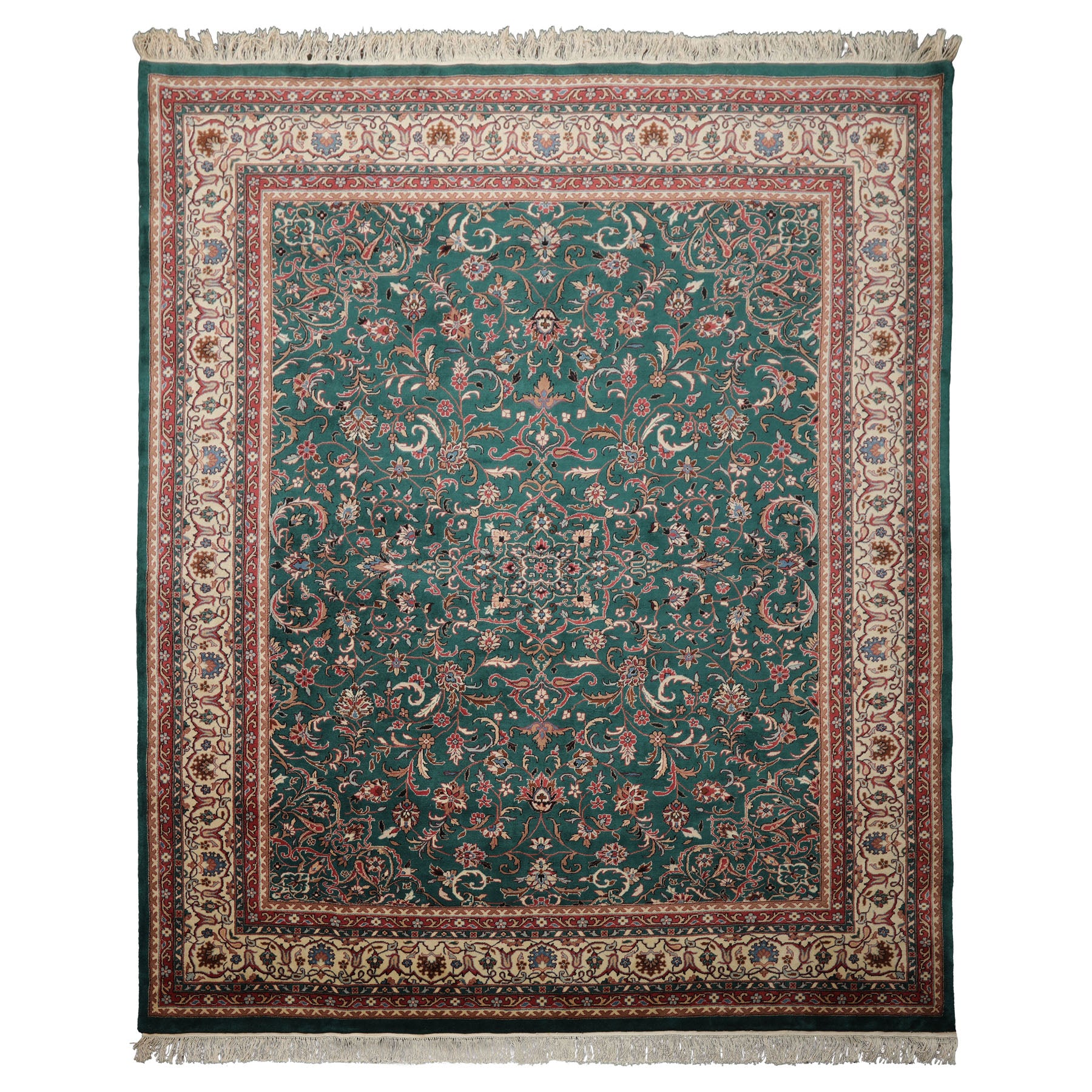 8x10 Emerald, Ivory, Rose Color Hand Knotted Kashan Wool Traditional  Oriental Rug