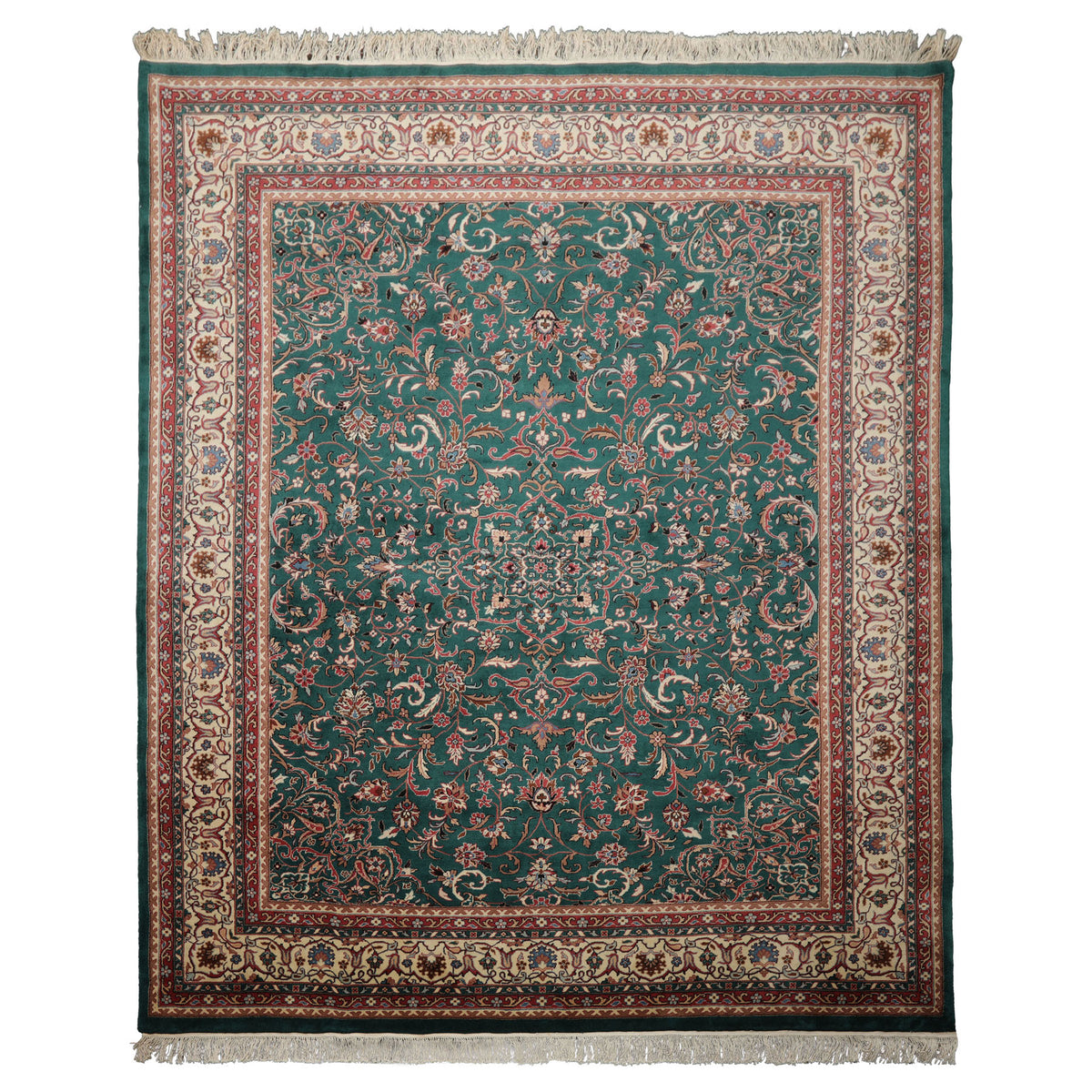 8x10 Emerald, Ivory, Rose Color Hand Knotted Kashan Wool Traditional  Oriental Rug