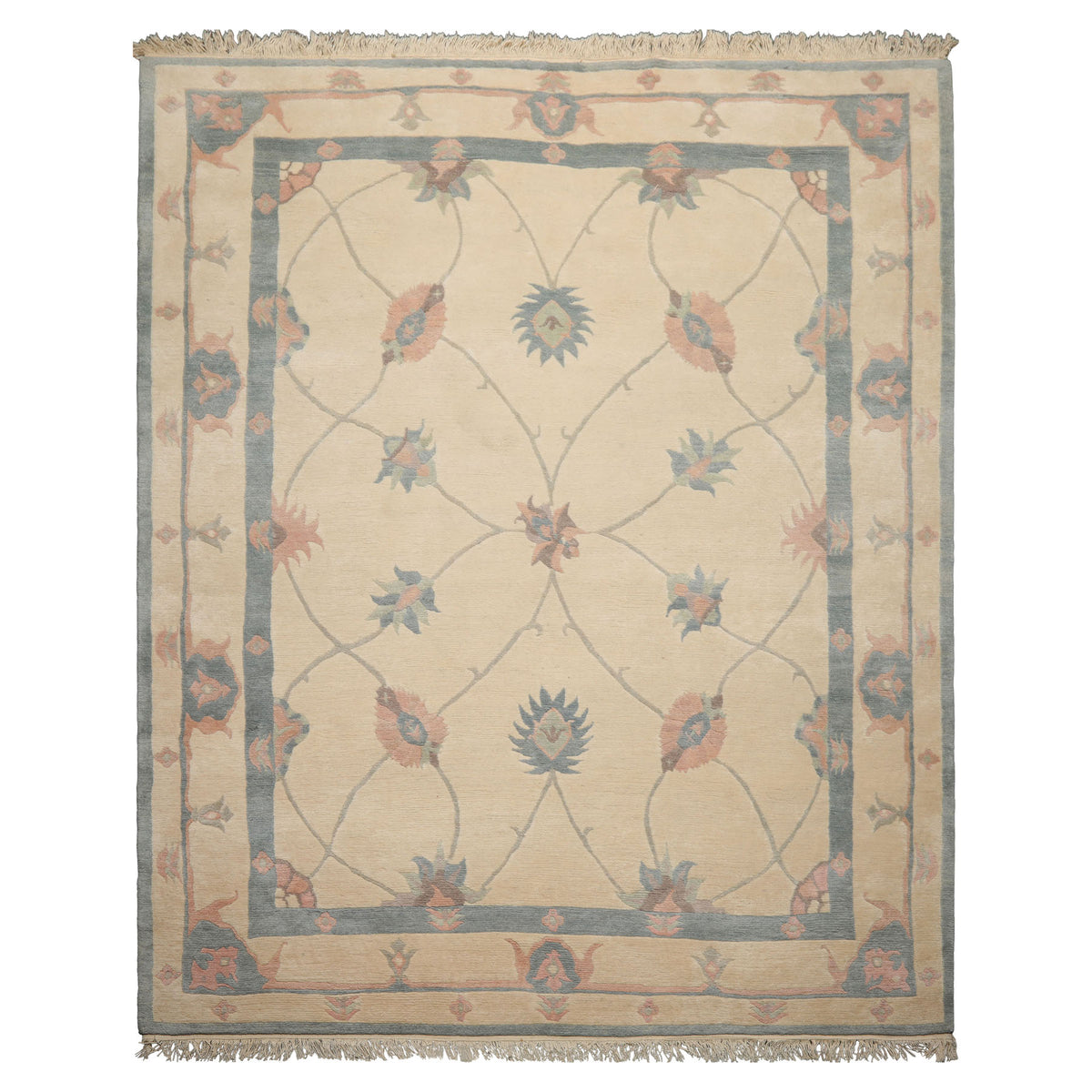8x10 Ivory, Blue, Rose Color Hand Knotted Tibetan Wool Arts & Crafts  Oriental Rug