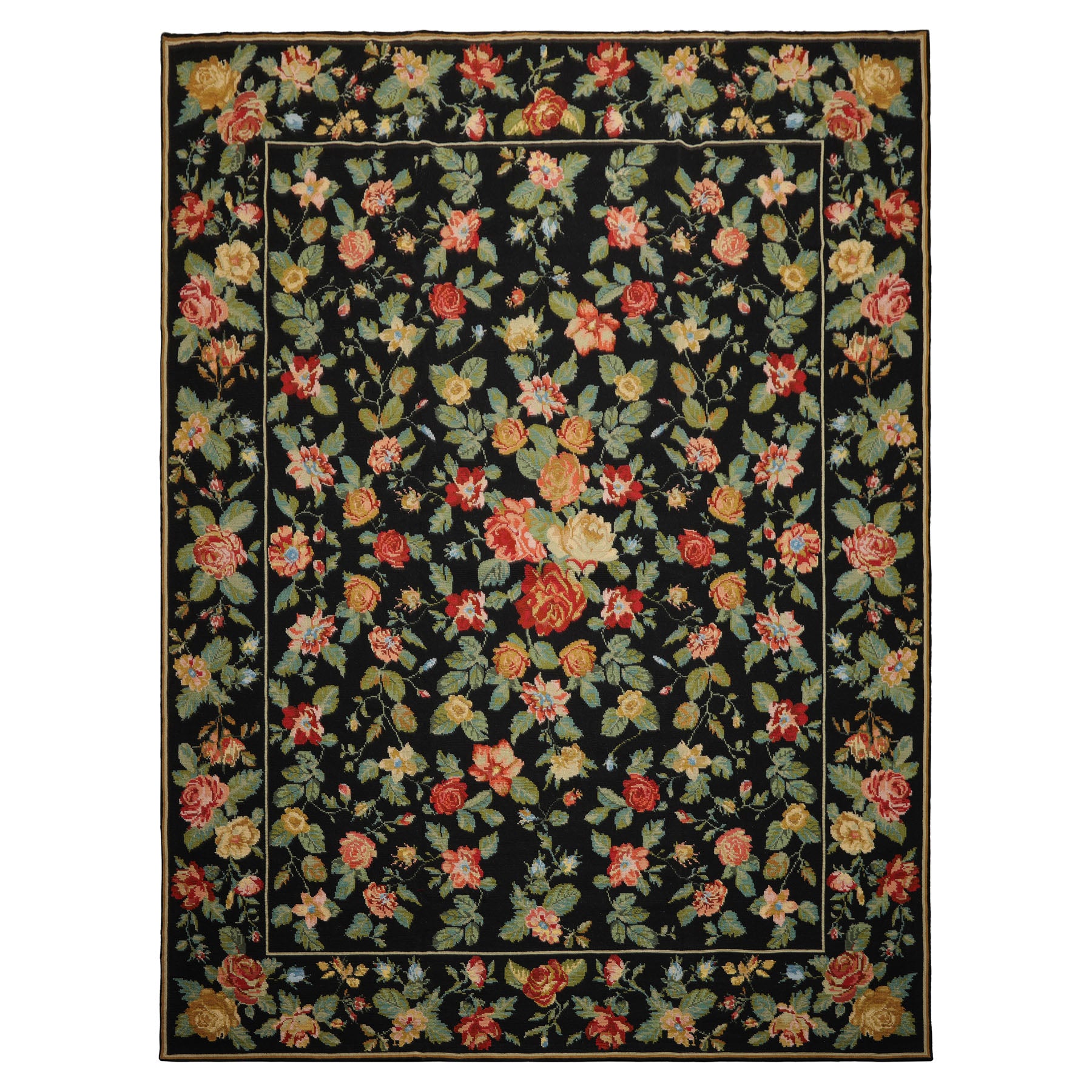 9x12 Black, Green, Orange Color Hand Woven Portugese Needlepoint Wool Traditional Oriental Rug