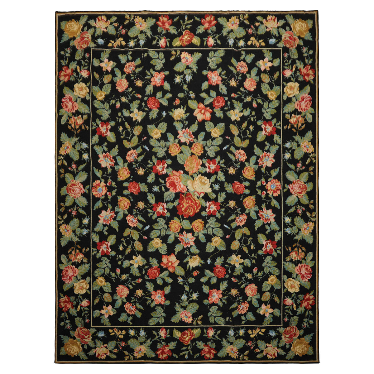 9x12 Black, Green, Orange Color Hand Woven Portugese Needlepoint Wool Traditional Oriental Rug