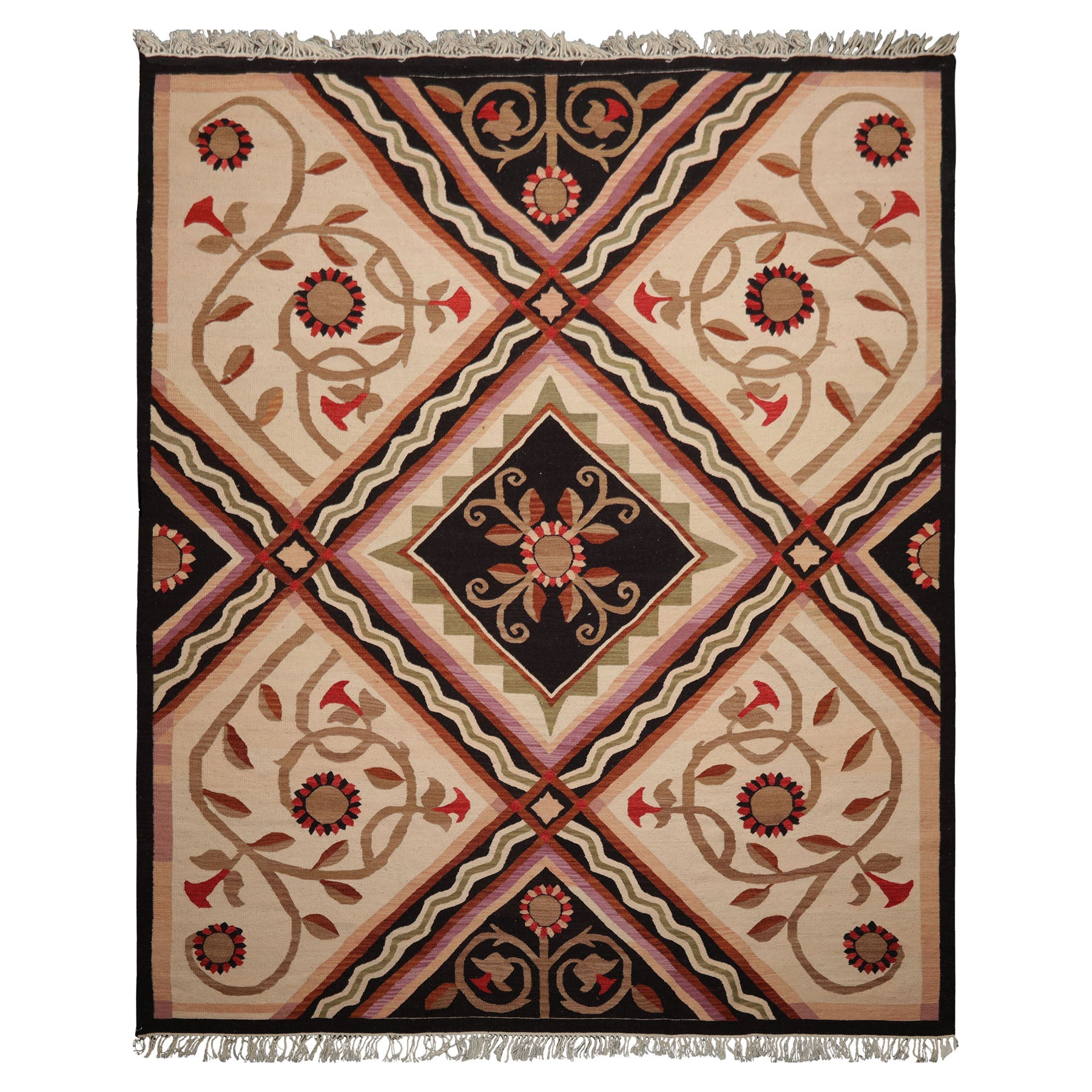 8x10 Ivory, Sage, Black Color Hand Woven Kilim Wool Traditional Oriental Rug