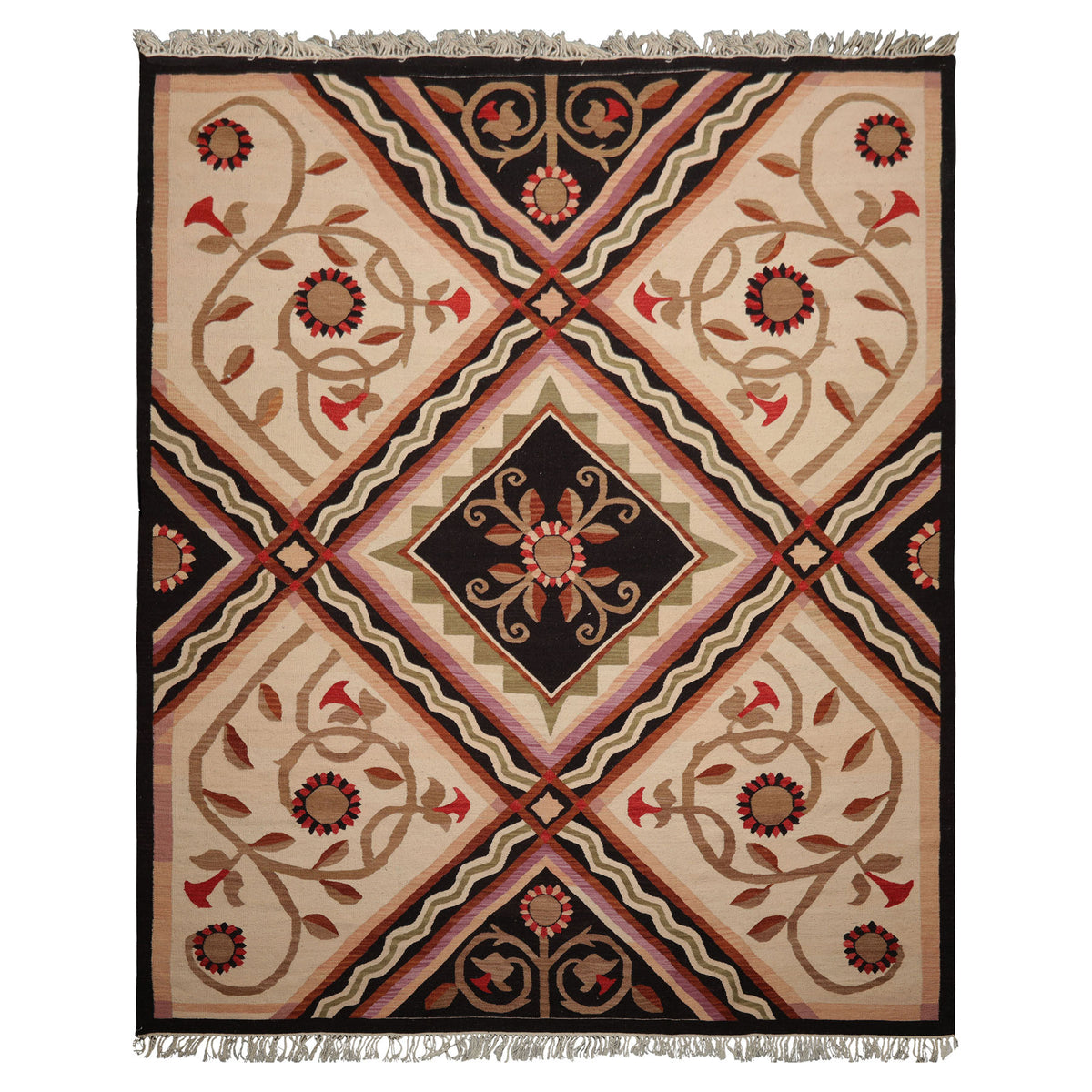 8x10 Ivory, Sage, Black Color Hand Woven Kilim Wool Traditional Oriental Rug