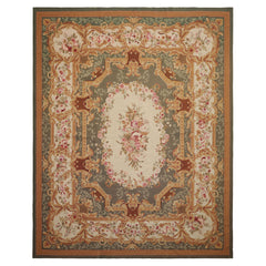 8x10 Ivory, Green, Gold Color Hand Woven Aubusson Needlepoint  Wool Traditional Oriental Rug