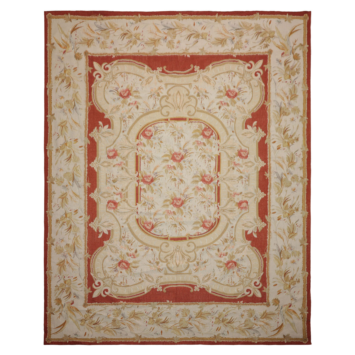 8x10 Ivory, Gold, Orange Color Hand Woven Aubusson Needlepoint  Wool & Silk Traditional Oriental Rug