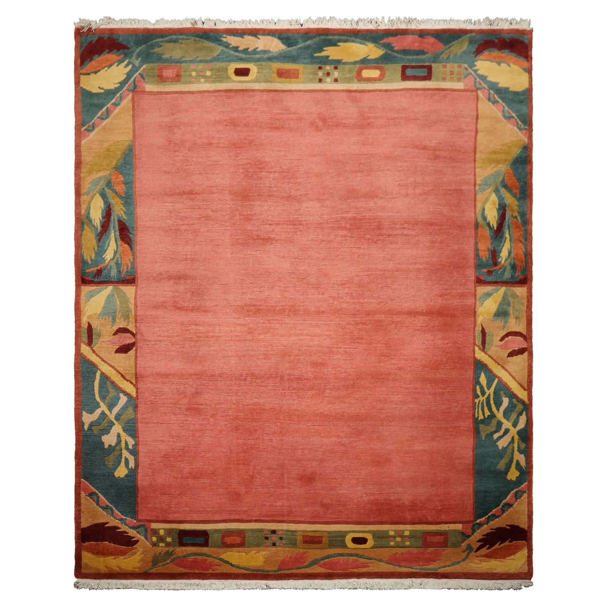 8x10 Rose, Turqoise, Gold Color Hand Knotted Tibetan Wool Art Deco Oriental Rug