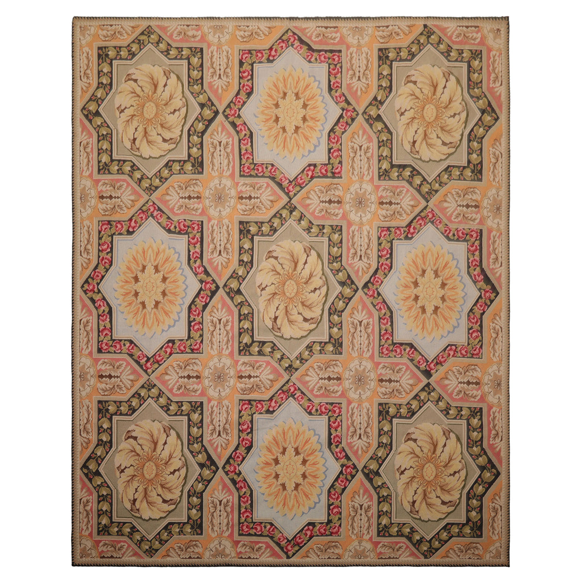 8x10 Sage, Gold, Pink Color Hand Woven Aubusson Needlepoint  Wool Traditional Oriental Rug