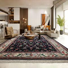 Navy 7'11''x9'7'' Qum Traditional Floral Plush Pile Hand Knotted New Zealand Wool Oriental Area Rug